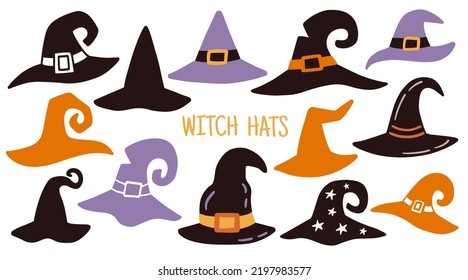 Different Cartoon Witch Hat Collection, Hand drawn Magician,  wizard caps doodles silhouette set. Halloween holiday carnival hats, isolated on white. Vector illustration.