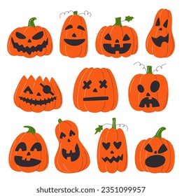 Different carving pumpkins for October celebration. Orange Jack o lanterns with various facial expression collection. Spooky holiday decor. Halloween decoration set hand drawn flat vector illustration