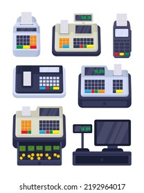 Different cash machines for checkout vector illustrations set. Drawings of POS terminal, fiscal cash register with money, cashier till machine with screen, receipt printers. Equipment, payment