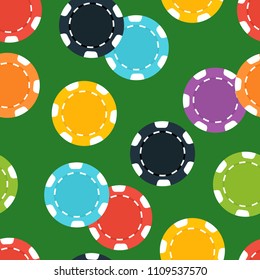 Different casino chips on green background. Seamless pattern. Vector illustration.
