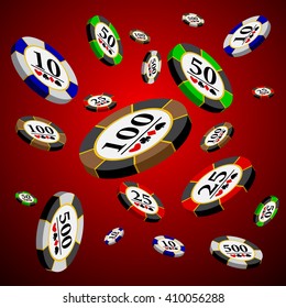 Different casino chips over red background