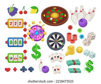 Different casino elements vector illustrations set. Cartoon doodles of items for poker, bowling, slot machine, darts, ace cards, money isolated on white background. Entertainment, gambling concept