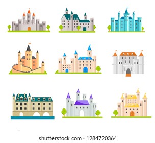 Different castles set. Fortresses, old palaces,  mansions, villas, medieval buildings icons collection. Ancient castle towers. Vector illustration