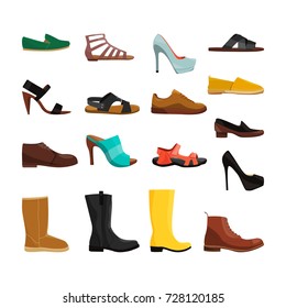 Different casual shoes of men and women. Vector pictures set. Fashion footwear and boots woman and man illustration