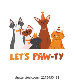 Different cat breeds celebrating birthday. Cat pet party concept with handwritten lettering isolated. Cute kittens friends festival pawty. Domestic animal pawty hand drawn flat vector illustration