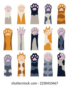 Diferentes patas de gato. Colección de varias lindas caricaturas de pie animal doméstico aislado en fondo blanco. Juego de patas de gatito de peluche
