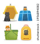 Different cats in carriers. Plastic cage carrier, cloth bag, plastic basket and porthole backpack. Vector illustration isolated on white background.