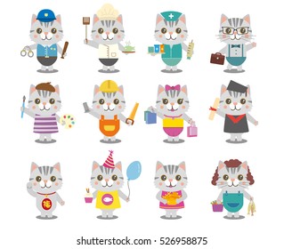Different cats illustration, they represent different occupation like police, engineer, painter, worker, gradation, shopping, birthday and housewife. One of the cat has a Chinese character means lucky
