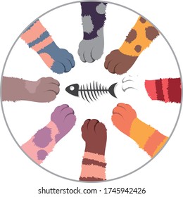 Different cat's legs stretch to the fish skeleton. Cheerful vector drawing of multi-colored cats in a circle. Isolated on white background kittens reach for food