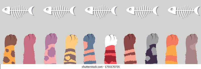 Different cat's legs stretch to the fish skeletons. Cheerful vector drawing of multi-colored cats in a row. Isolated on gray background kittens reach for food