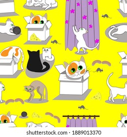  Different cats on a yellow background. Vector, art, Illustration.