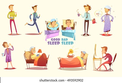 Different Causes Of Good And Bad Sleep Flat Icons On Light Background Retro Cartoon Isolated Vector Illustration