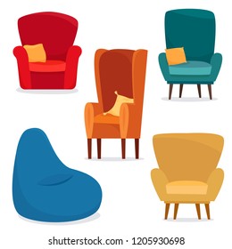 Different chairs set with pillow anf bag chair. Flat cartoon style vector illustration.