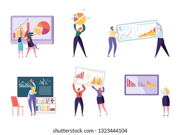 Different Character Business Analyst Set. People Make Chart and Analyzing Business Data. Flat Vector Cartoon Illustration Office Worker Working Infographic, Analysis Evolutionary Scale
