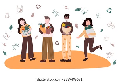 Different character of people carrying shopping eco bags with fresh organic fruits and vegetables. 
Zero waste shopping concept vector illustration on white background with go green elements.