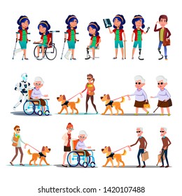 Different Character Person Invalid Set Vector. Collection Of Invalid Woman With Broken Leg And Man Amputated Foot, Blind Grandfather With Dog And Grandmother In Wheel Chair Flat Cartoon Illustration