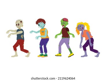 Different character of zombies illustration. Cartoon scary zombies isolated on white background