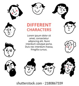 Different characters banner with text and people portrait faces with various emotions and expressions in doodle style around. Vector illustration for psychological support classes, social media.