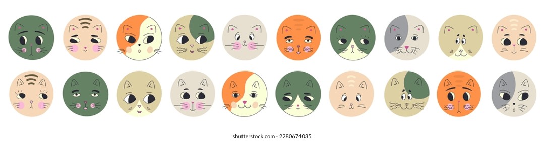 Different characters, black eyes cats. Cute illustration, various impressions, rounded kitty face. Simple shapes
