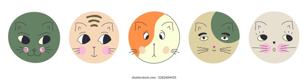 Different characters, black eyes cats. Bright figures, variety of moods, funny cat clipart. Simple shapes
