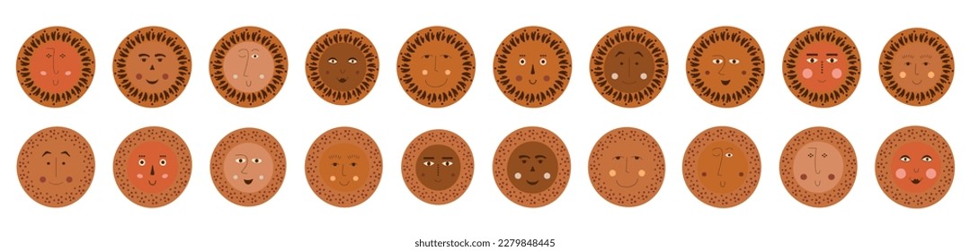 Different characters, cheerful abstract faces. Cute illustration, various impressions, kid strange image. Simple shapes
