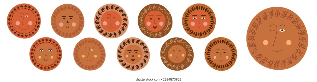 Different characters, cheerful abstract faces. Illustration pack, people avatars set, kid unusual appearance. Simple cute shapes, flat vector
