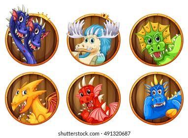 Different characters of dragons illustration