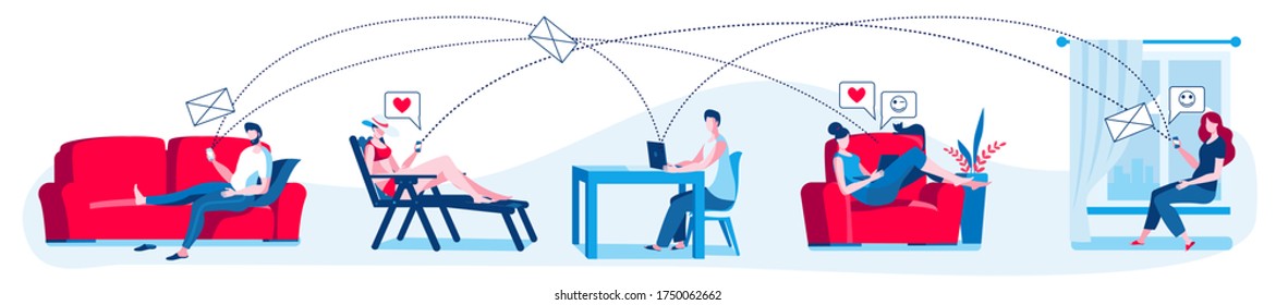 Different characters exchange messages from different life situations. People use phones and laptops to communicate. Concept of a vector illustration on the topic of social networks.