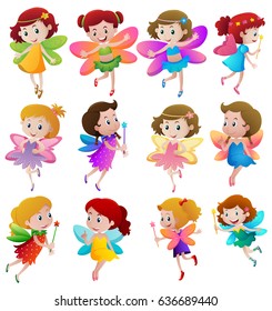 Different characters of fairies flying illustration