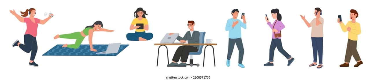 Different characters with gadgets at running, walking, gymnastics, in the office, at home