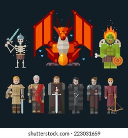 Different Characters For The Game: Monster, Skeleton, Dragon, Warriors. Sprites. Vector Flat Illustrations.