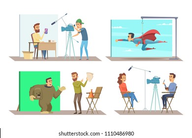 Different characters at movie making production. Vector pictures set. Illustration of video operator with equipment in studio, making media