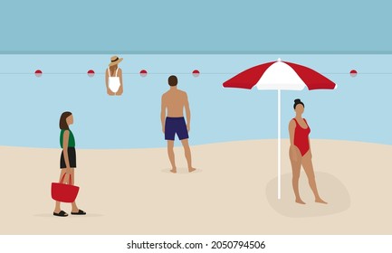 Different characters on the beach and buoys in the water