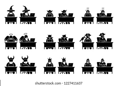 Different characters and people using computer to surf the Internet. The characters are wizard, troll, zombie, God, Satan, devil, pirate, viking warrior, king, and bandit working online with laptop.