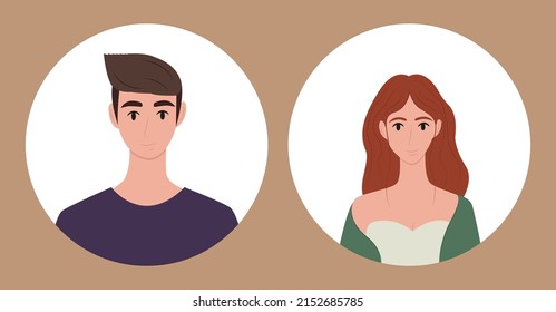Different characters portraits flat set. Faces, avatars, portraits of a man and a woman. Templates for design. Vector illustration in flat style.