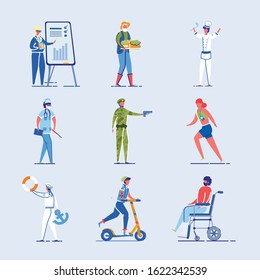 Different Characters Set - Athlete and Disabled Person as well as Student and Various Occupations People. Human Diversity and Modern Lifestyle Personages Collection. Flat Vector Illustration Isolated.