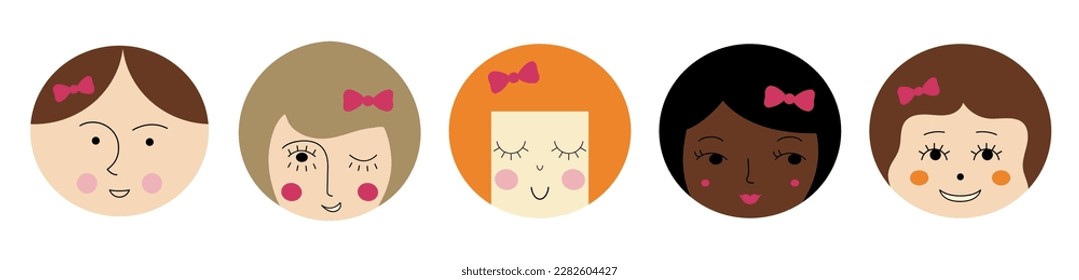 Different characters, sweet girlish faces. Bright figures, variety of moods, feminine countenance. Simple shapes
