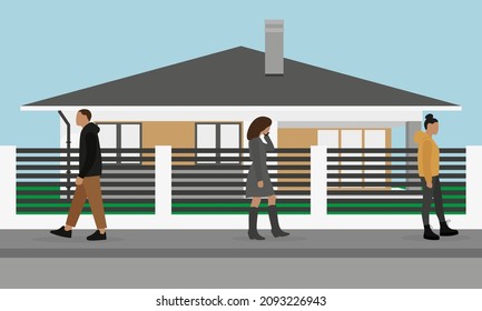 Different characters walk along the sidewalk past a private house