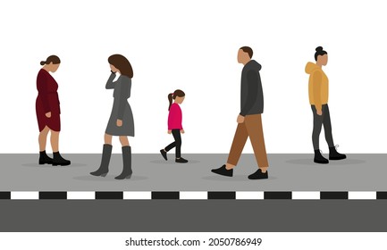 Different characters walking on the sidewalk on a white background