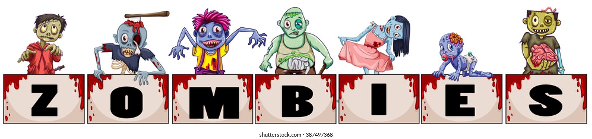 Different characters of zombies illustration