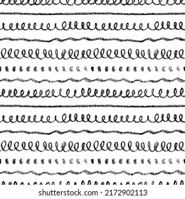 Diferentes líneas de carbón vegetal vectores sin soldadura. trazos de pincel girados a mano, puntos pequeños y líneas rectas. Ornamento naive, geométrico y tribal en blanco y negro. Estilo rústico, pinceladas de lápices secos