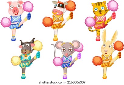 Different cheerleader animals cartoon character illustration
