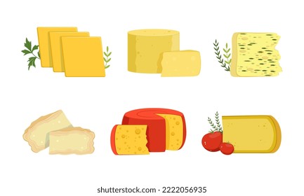 Different Cheese Chunk as Dairy Product with Various Flavor and Texture Vector Set