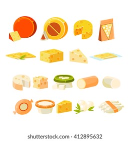 Different Cheese  Collection Of Flat Isolated Vector Icons In Bright Colors On White Background