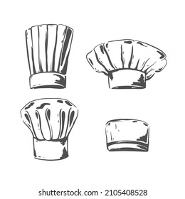 Different chef hats sketch. Baker or cooker cap, kitchener headdress. Uniform Costume Wear Element. Vector isolated hand drawn 