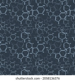 Numerosas estructuras de nucleobasas químicas diferentes, patrón científico sin fisuras en la oscuridad