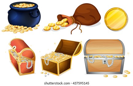 Different chests and pot of gold illustration