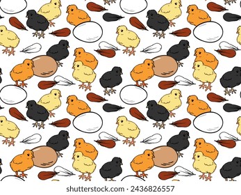 Different Chicks seamless pattern.  Easter, agroculture, organic farming background for poster, flyer, farm products package, wrapping paper, book design. poultry farming and egg production symbol.