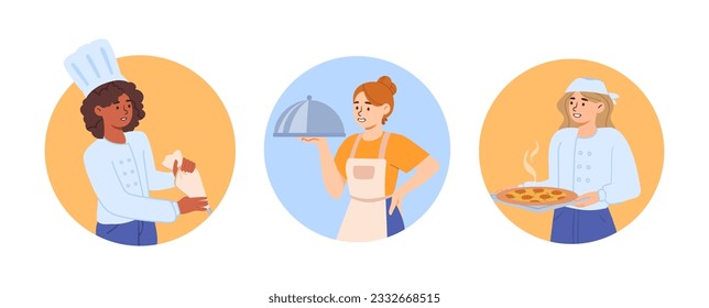 Different chiefs with trays set. Young girls with pizza and tray. Cooks with fast food, junk eating. Cafe or restaurant staff. Cartoon flat vector collection isolated on white background