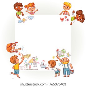 Different children draw on large poster. Happy children holding blank poster. Template for advertising brochure. Ready for your message. Space for text. Funny cartoon character. Vector illustration